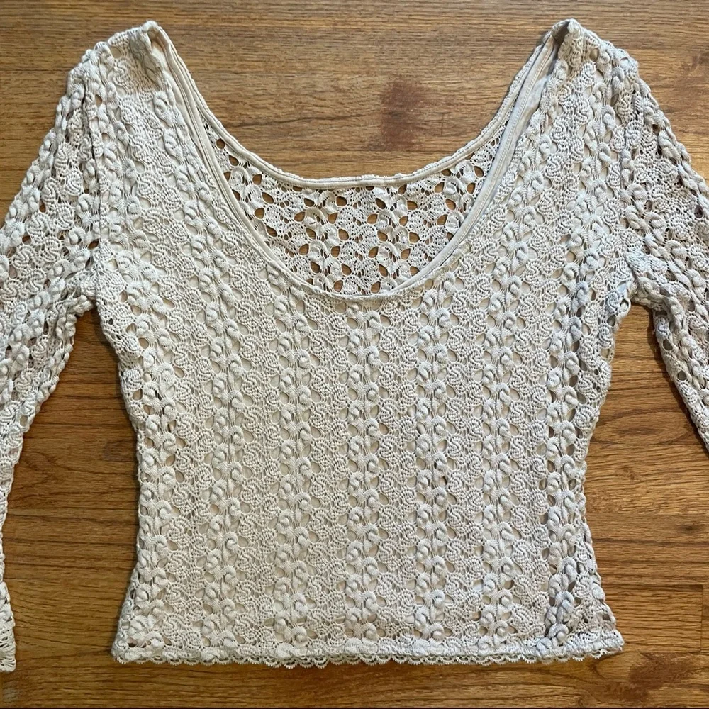 Free People Rosehip Mink Nude Knit Crochet Bell Sleeve Top S